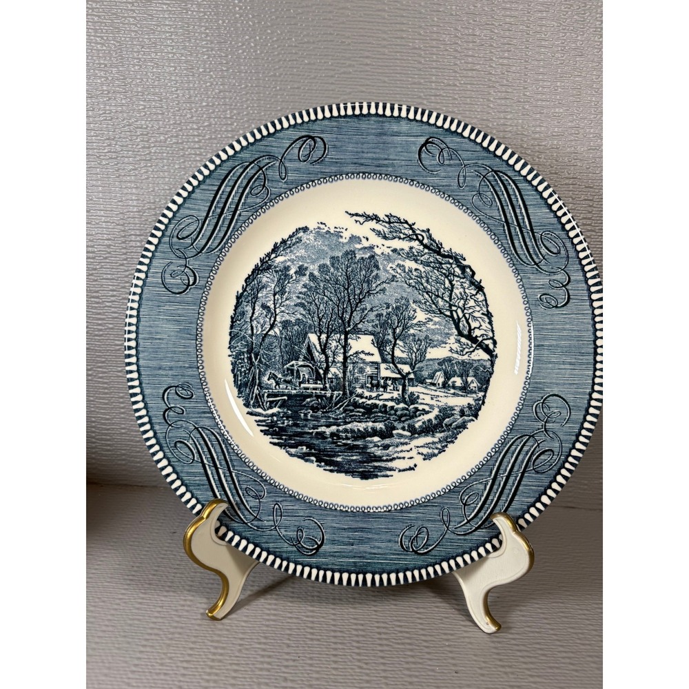 Vintage Set of 4 Currier & Ives Blue The Old Grist Mill Dinner Plates 10in